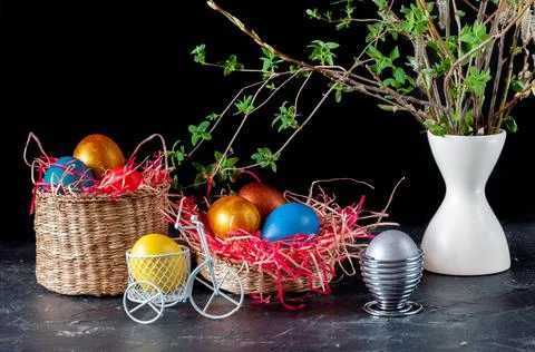 Homemade multicolored painted Easter eggs Stock Photos