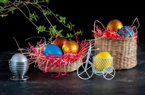 Homemade multicolored painted Easter eggs Stock Photos
