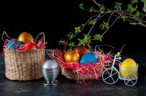 Homemade multicolored painted Easter eggs Stock Photos