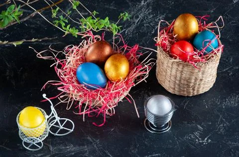 Homemade multicolored painted Easter eggs Stock-Fotos