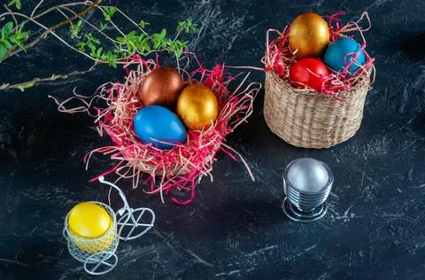Homemade multicolored painted Easter eggs Stock Photos