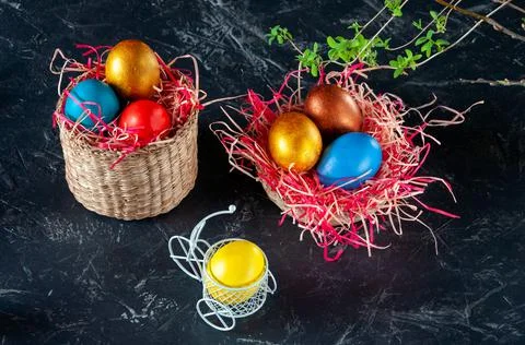 Homemade multicolored painted Easter eggs Stock Photos