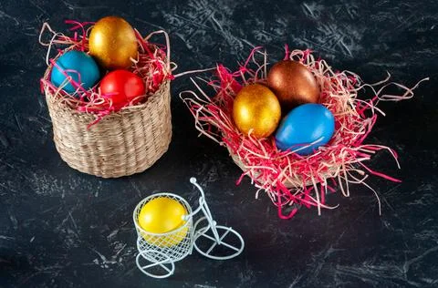 Homemade multicolored painted Easter eggs Stock Photos