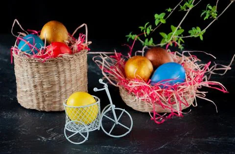 Homemade multicolored painted Easter eggs Stock Photos