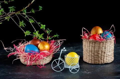 Homemade multicolored painted Easter eggs Stock Photos