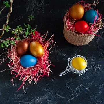 Homemade multicolored painted Easter eggs Stock Photos