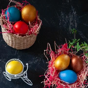 Homemade multicolored painted Easter eggs Stock Photos