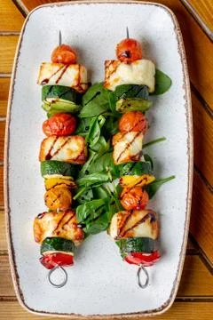 Homemade natural and healthy hallumi chicken pepper skewers Stock Photos