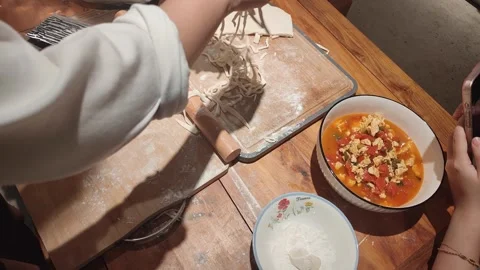 Homemade Noodles Being Made by Hands – Fresh Dough Preparation Stock Footage 322553853