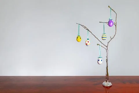 Homemade painted Easter eggs on spring brunch, copy space. Stock Photos