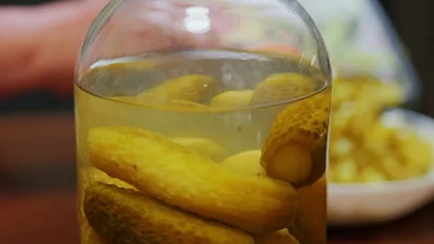 Homemade Pickled Cucumbers Ready For Fresh Salad Preparation In Kitchen Stock Footage 338346868