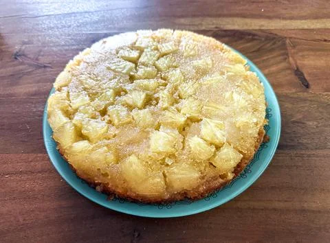 Homemade pineapple upside down pie with candied cherries . Tropical dessert.. 스톡 사진
