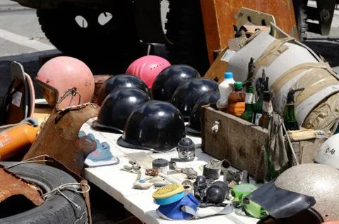 Homemade protesters weapon and security facilities - petrol cocktails,helmets Stock Photos