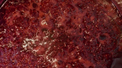 Homemade raspberry jam simmering in a stainless steel saucepan Stock Footage 320952769