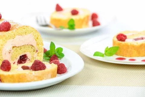 Homemade raspberry roulade Stock Photos