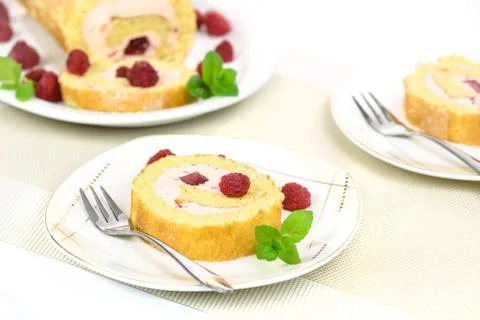 Homemade raspberry roulade Stock Photos