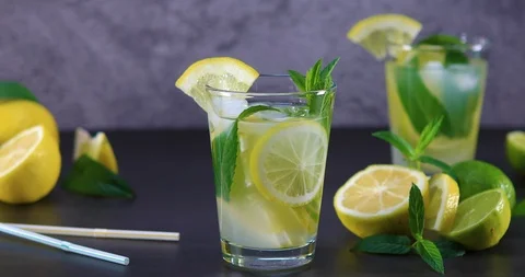 Homemade refreshing summer lemonade with mint in a glass Stock Footage 109486188