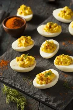 Homemade Spicy Deviled Eggs with Paprika and Dill Stock Photos