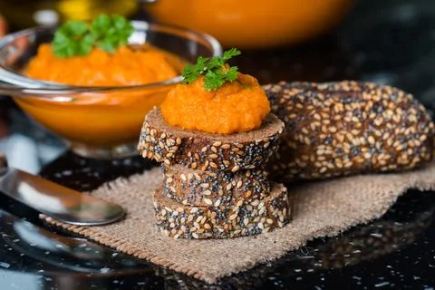 Homemade squash paste on bread - traditional appetizer of Russian cuisine 写真素材