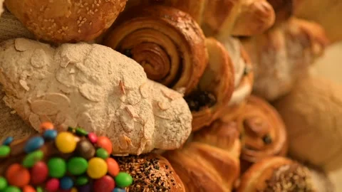 Homemade sweet bread on a rustic background. Fresh sweet bakery. Stock Footage 158115165