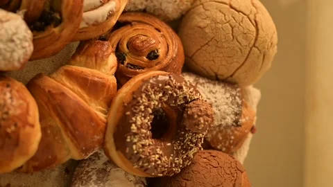 Homemade sweet bread on a rustic background. Fresh sweet bakery. Stock Footage 158115171