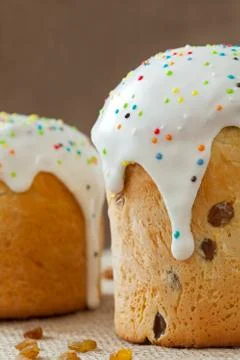 Homemade sweet bread traditional easter cake panettone also called kulich gla Stock Photos