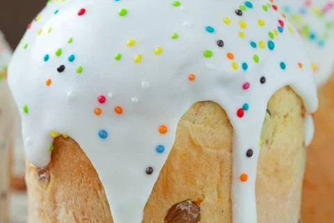 Homemade sweet bread traditional easter cake panettone also called kulich gla Stock Photos