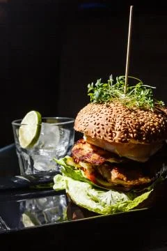 Homemade tasty hamburger with beef, cheese and caramelized onions. Stock Photos