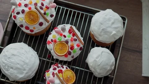 Homemade traditional Easter cakes on a baking sheet. Top view Stock-Footage 236904734