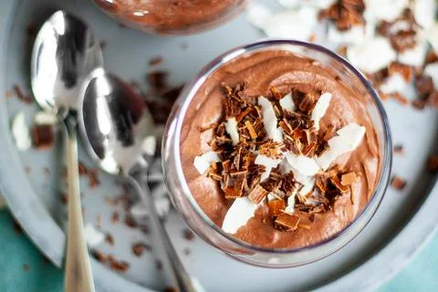 Homemade vegan chocolate mousse with coconut creamand cocoa Stock Photos