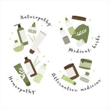 Homeopathy, naturopathy. Complementary, alternative, integrative, holistic me Illustrazione stock