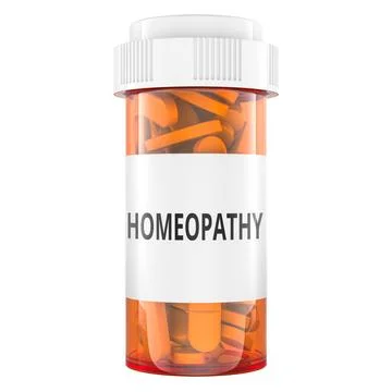 Homeopathy pill bottle with tablets. 3d rendering Stock-Illustration
