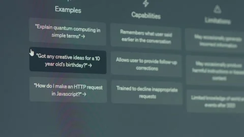 The homepage of Chat GPT. Information about ChatGPT on computer screen, a Stock Footage 254547358