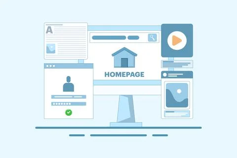 Homepage concept, web page design on laptop. Stock Illustration