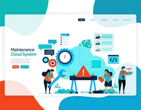 Homepage landing page vector flat illustration of maintenance cloud system. r Stock Illustration