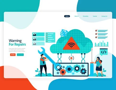 Homepage landing page vector flat illustration of warning for repairs. repair Stock Illustration