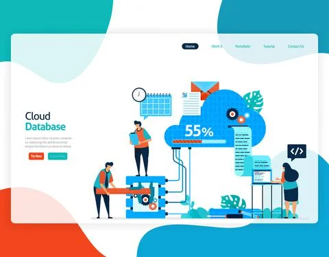 Homepage landing page vector flat illustration of cloud database. repair and  Stock Illustration