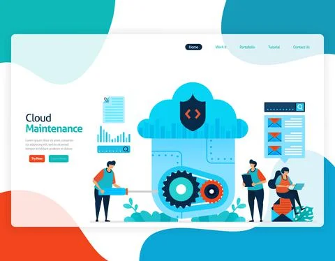 Homepage landing page vector flat illustration of cloud maintenance. repair a Stock Illustration