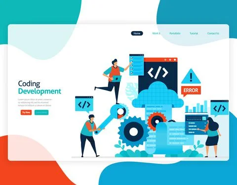 Homepage landing page vector flat illustration of coding development. repair  Stock Illustration