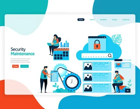 Homepage landing page vector flat illustration of security maintenance. repai Stock Illustration