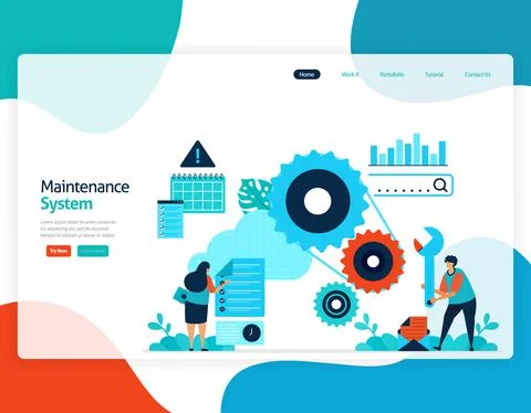 Homepage landing page vector flat illustration of maintenance system. repair  Stock Illustration