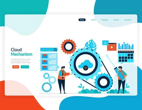 Homepage landing page vector flat illustration of cloud mechanism. repair and Stock Illustration