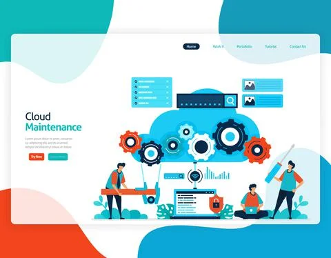 Homepage landing page vector flat illustration of cloud maintenance. repair a Stock Illustration