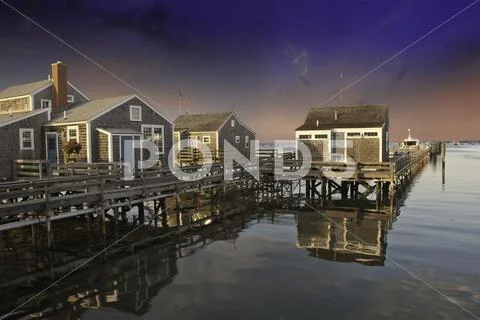 Homes Over Water In Nantucket At Sunset, Massachusetts
