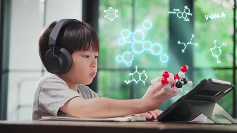 Homeschool kid practicing to think about logic with 3D graphic pop up. Stock Footage 146624958