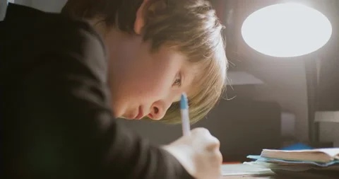 Homeschooling. The child does his homework in the evening by the light of a lamp Video stock 147334248