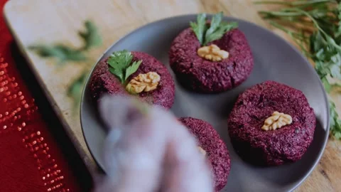 Homestyle ingredient arrangement: capturing walnut and beet texture Stock Footage 342200476