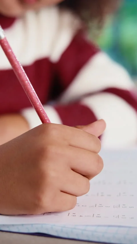 Homework, hands and child with book in home, math equations and learning for 스톡 동영상 335744119