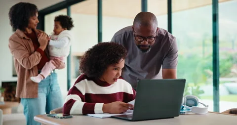 Homework, help and dad with child on laptop for online lesson, elearning and Stock Footage 335795411