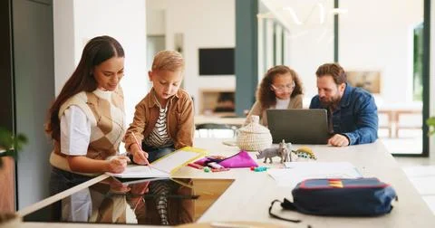 Homework, help or children in kitchen with parents, support or knowledge in.. Stock Photos